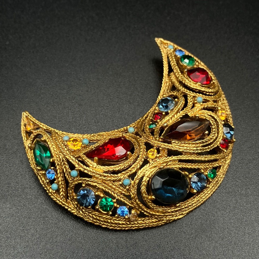 Vintage Brooch Gold Tone Multicolor Crescent Moon Celestial Pin 2.75" READ